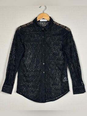 Christian Dior Paris Black Logo Burnout 100% Silk Sheer Button Shirt Top S